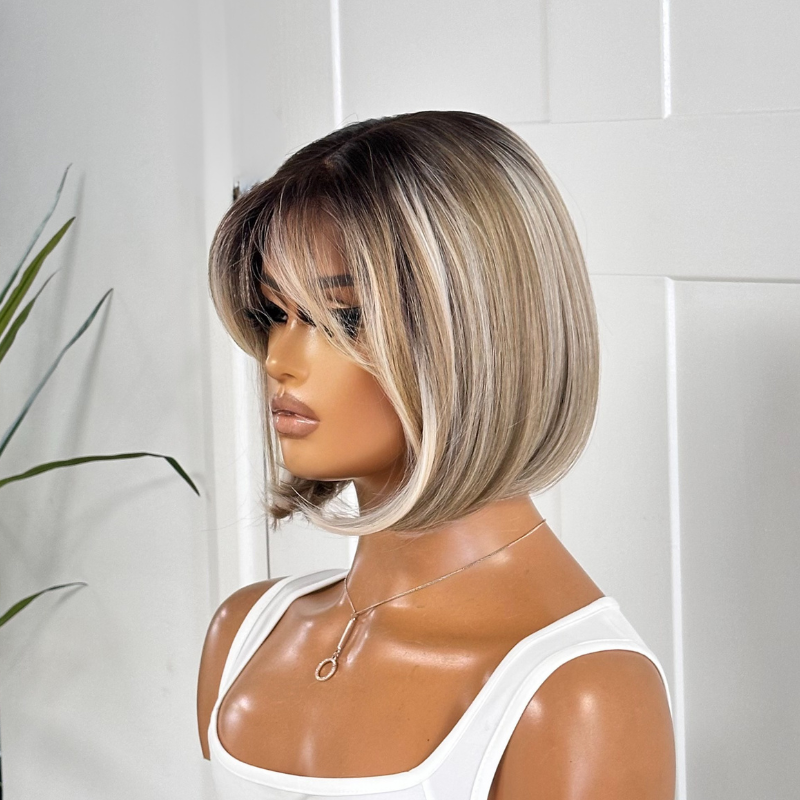 Kris – 8" Rooted Champagne Blonde Bob Wig | T-Lace Synthetic Wig