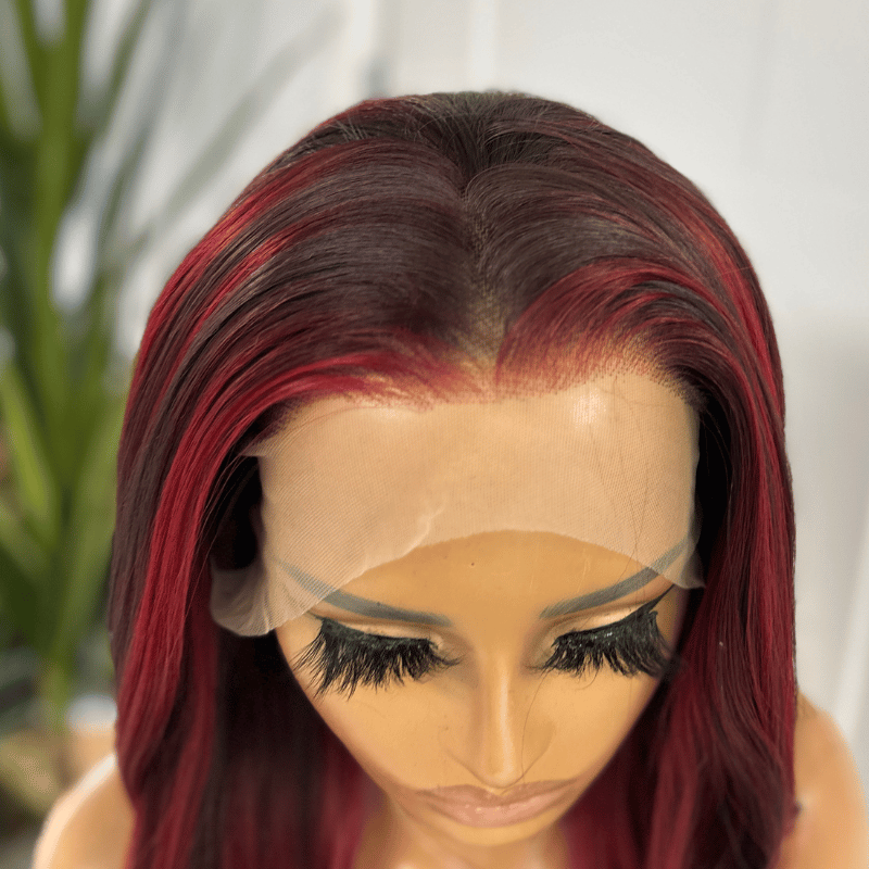 Perruque synthétique à balayage rouge rubis profond avec lace front - Écarlate