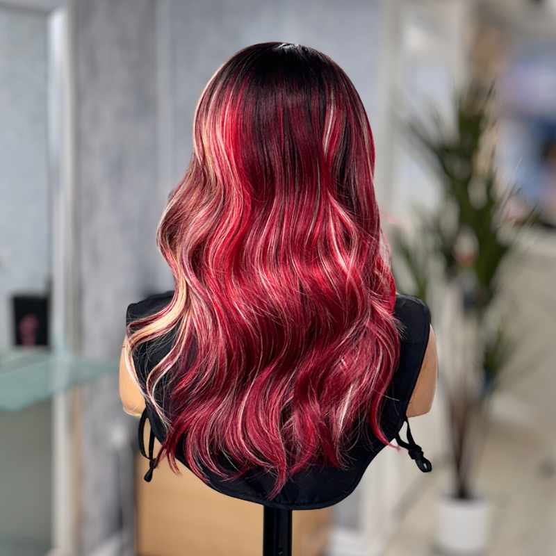 Velvet Rouge -Burgundy Red Lace Front Wig with Blonde Highlights - estellewigsandmore.co.uk