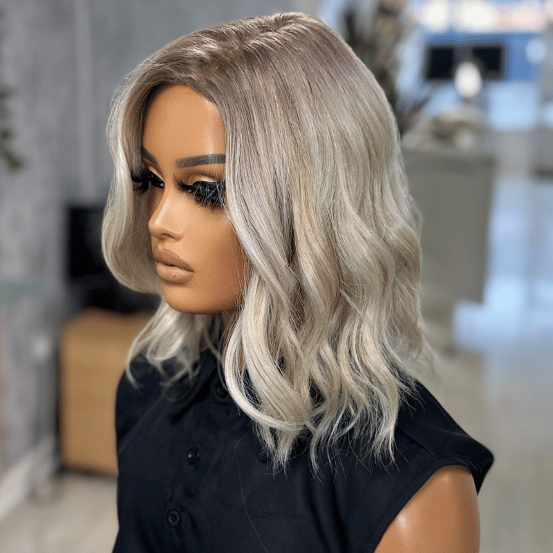 EW211-8 Inch Ash Blonde Wavy Bob Lace Front Wig - estellewigsandmore.co.uk