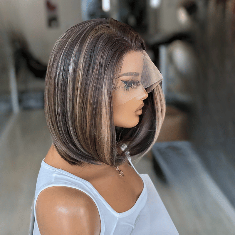 Jade – 10" Highlighted Mocha Brunette Bob | 13×6 Lace Front Synthetic Wig