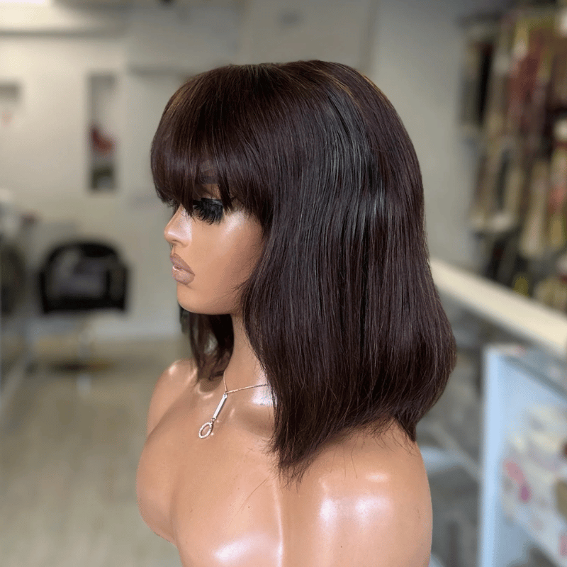 EWD 100 - 10'' Dark Brown Straight Fringe Human Hair Wig - estellewigsandmore.co.uk