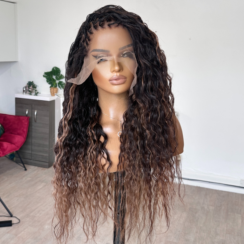 Azaria-24'' Full Lace Goddess Braided Human Hair Wig | Natural Black Brown &amp; Auburn Blend