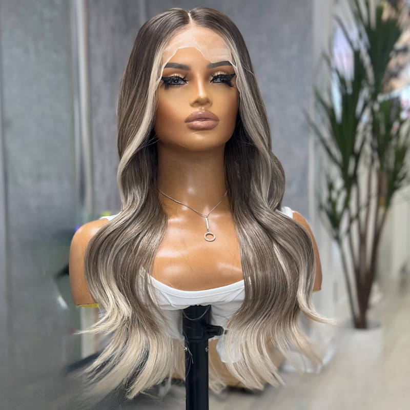 Sabine – Smoky Champagne Balayage 13x4  Long Wavy Synthetic Lace Front Wig