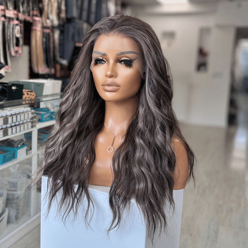 Toria - Dark Ash Brown Synthetic Lace Front Wig with Highlights - estellewigsandmore.co.uk