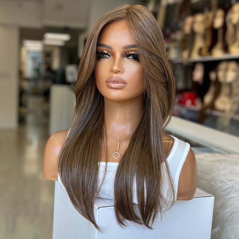 VICTORIA- 14"  Warm Auburn Brunette Blend Synthetic Monofilament Wig