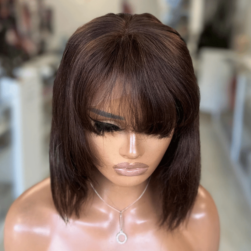 EWD 100 - 10'' Dark Brown Straight Fringe Human Hair Wig - estellewigsandmore.co.uk