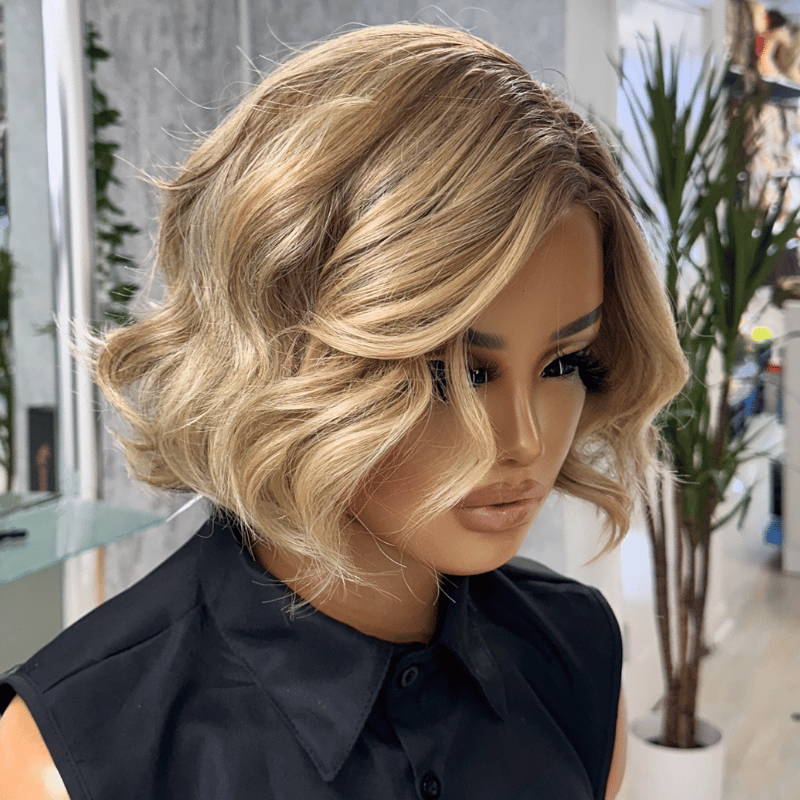 EW213-8 Inch Champagne Bronde Wavy Bob Lace Front Wig - estellewigsandmore.co.uk