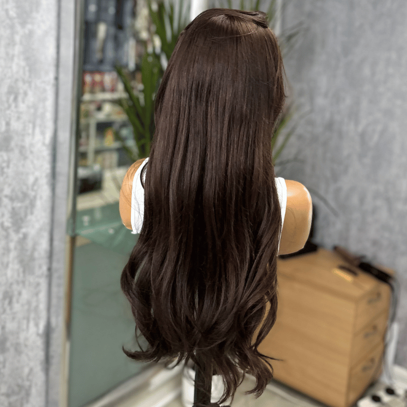 Perruque en cheveux humains avec frange encadrant le visage, noire naturelle, 45 cm (18 pouces) | Perruque en cheveux humains avec lace front HD - TONI