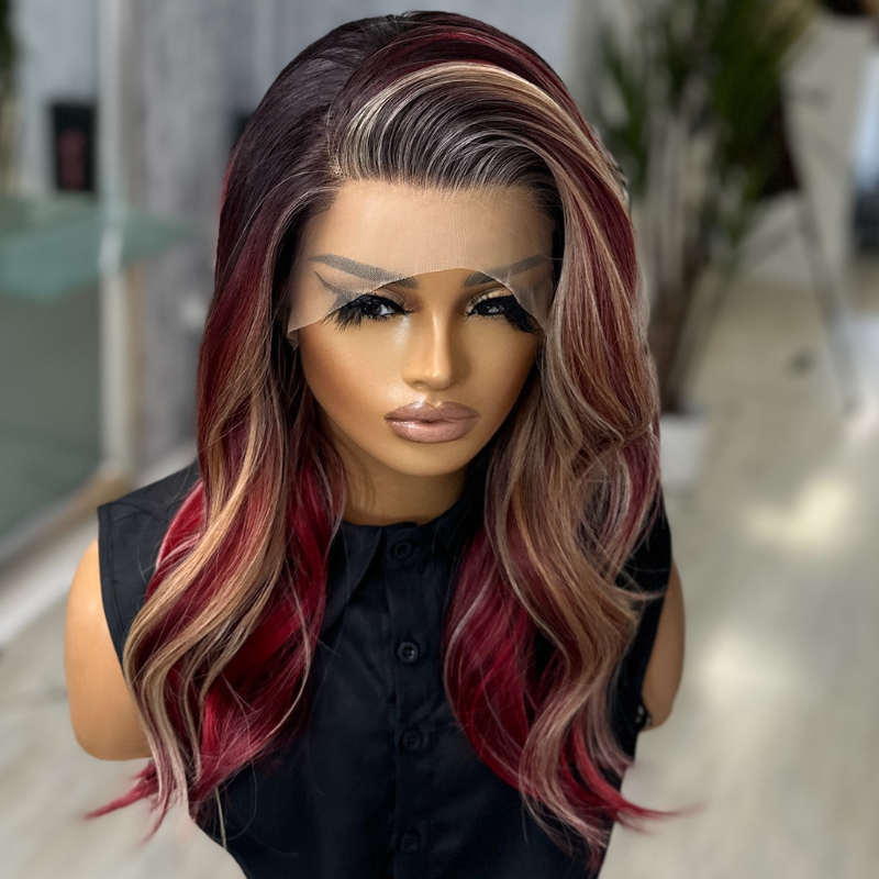 Velvet Rouge -Burgundy Red Lace Front Wig with Blonde Highlights - estellewigsandmore.co.uk