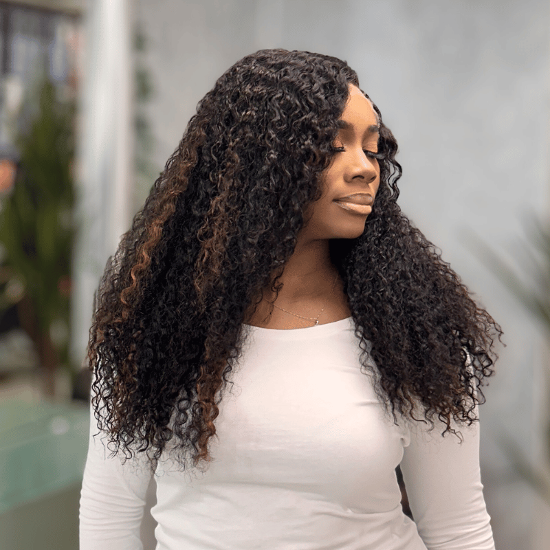 Ray-22” Natural Black Highlight Curly Wig – 6x6 HD Lace Closure Human Hair - estellewigsandmore.co.uk