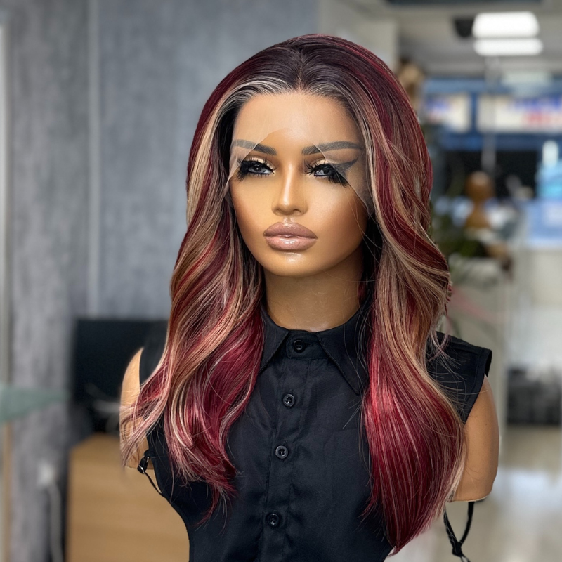 Velvet Rouge -Burgundy Red Lace Front Wig with Blonde Highlights - estellewigsandmore.co.uk