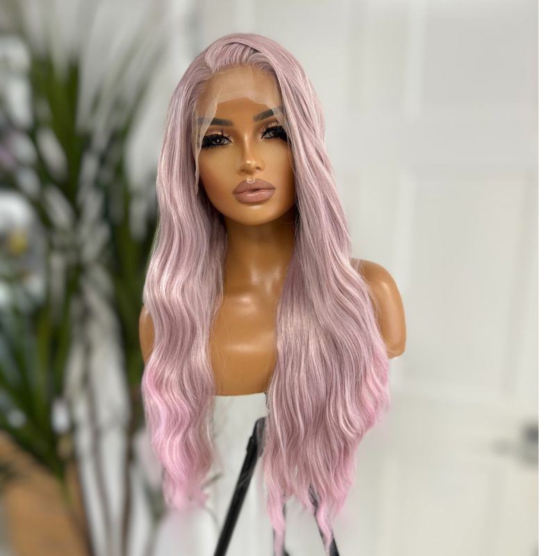 EWD86-Long Wavy Pink Lavender Mix  Synthetic Lace Front Wig