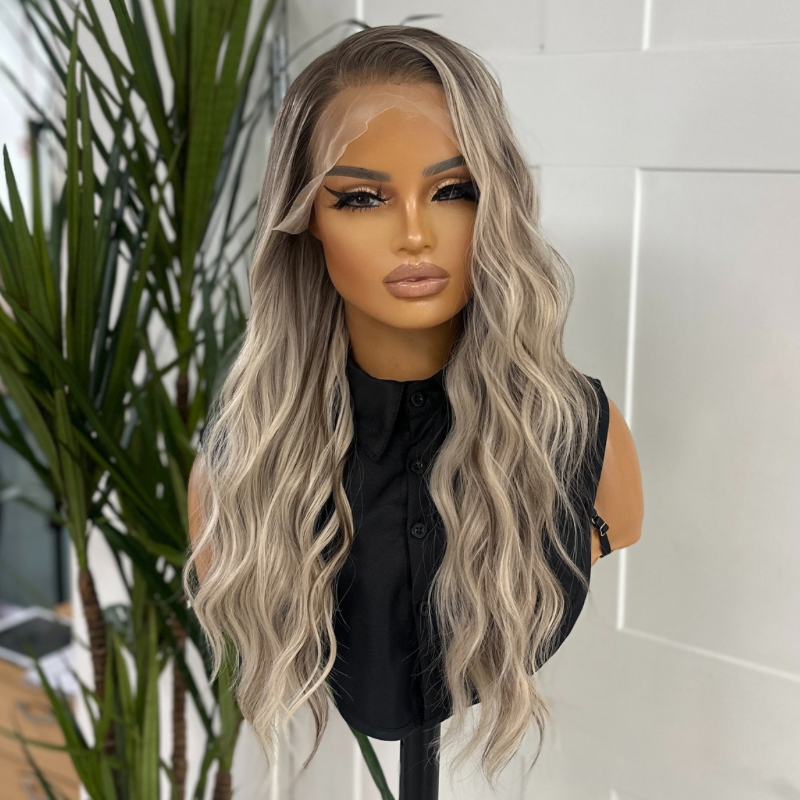 Wavy Rooted Icey Blonde Lace Front Wig Toria