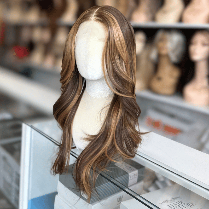 SASHA – 22" Layered Caramel Highlight Brunette Synthetic Lace Front Wig