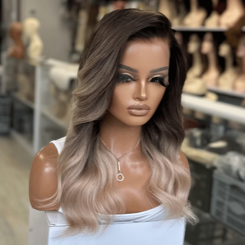 LOLA – 16" Brunette to Beige Blonde Ombre HD Human Hair Lace Wig