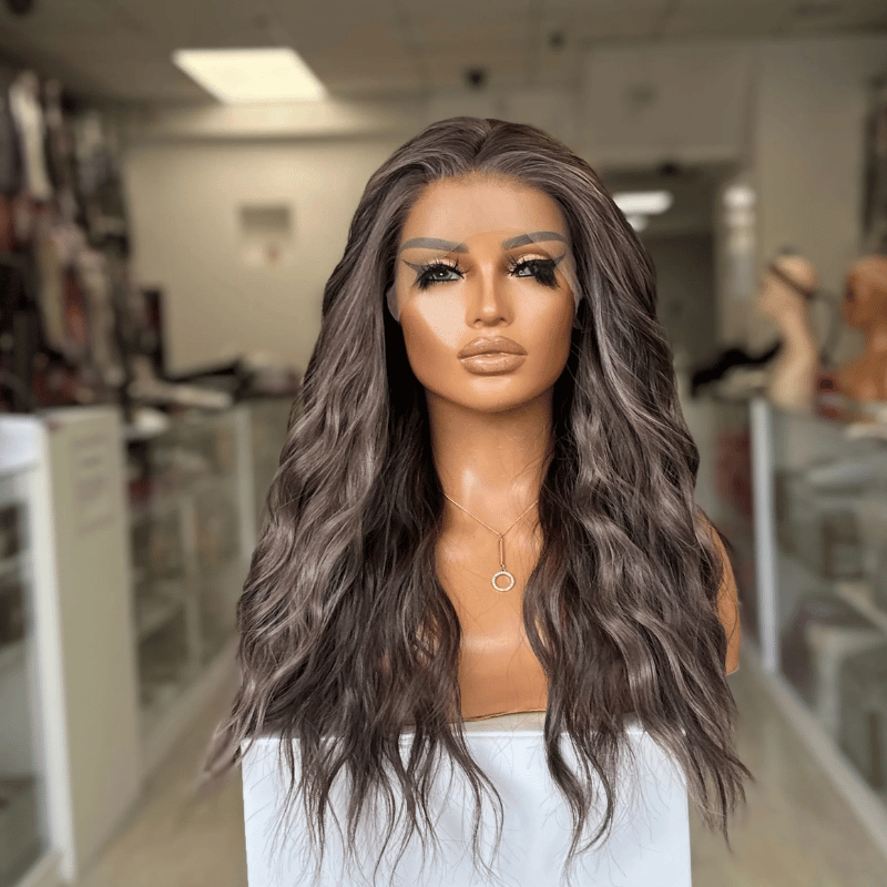 Toria - Dark Ash Brown Synthetic Lace Front Wig with Highlights - estellewigsandmore.co.uk