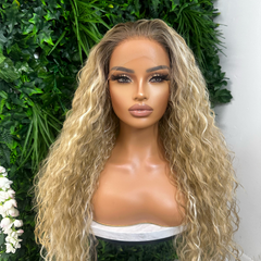 CHYNA-Long Curly Rooted Blonde Lace Frontal Synthetic Wig
