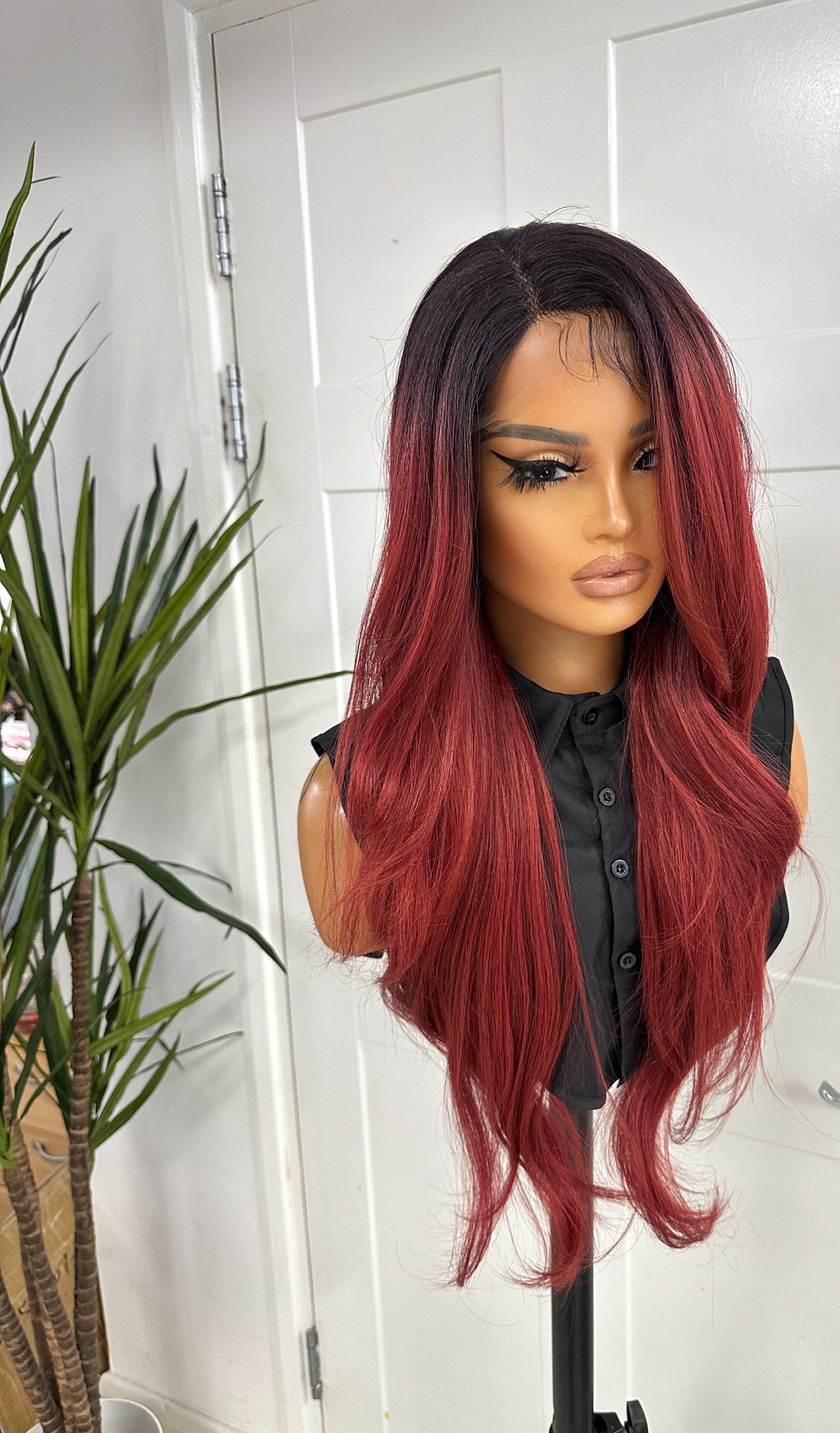 Black/ Red Long Layered Synthetic  Lace Front Wig -EWD 24 - estellewigsandmore.co.uk