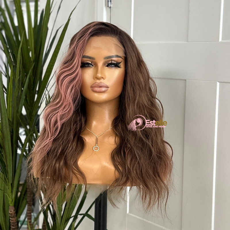 Soft Dark Brown & Pink   Wavy Synthetic Lace Front Wig-FLEUR