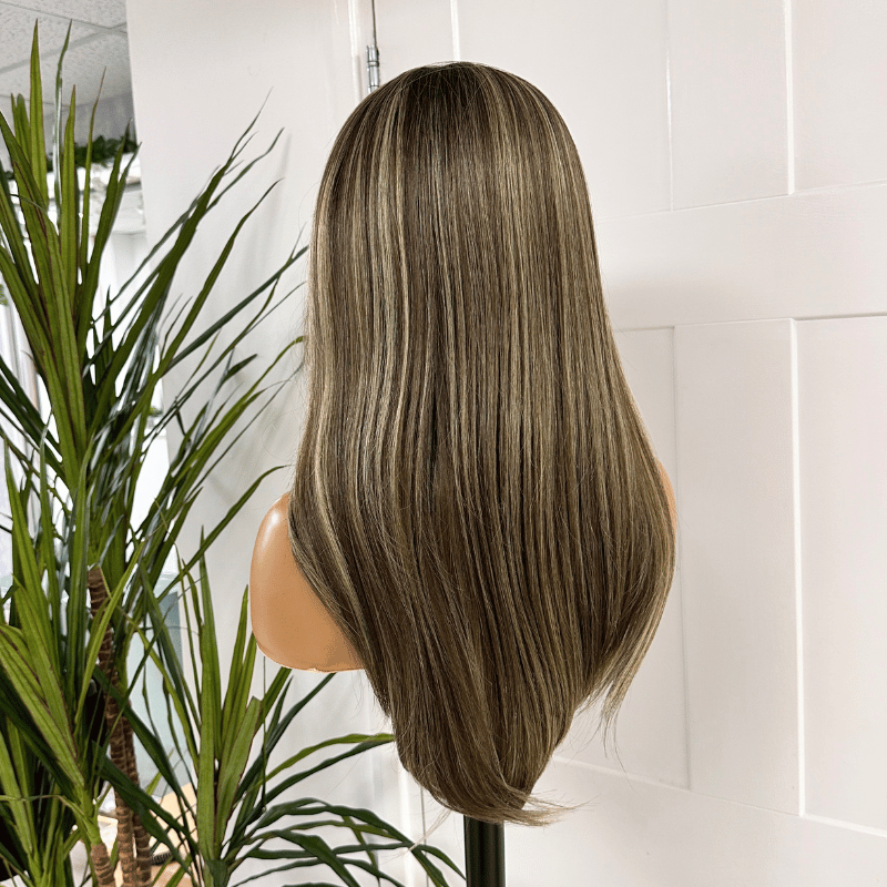 Ash Brown Straight Lace Front Wig with Beige-Blonde Highlights -Chantilly