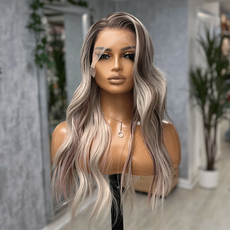 Aurelie Blush -Ash Blonde Wig with Pink Highlights  Synthetic Lace Front Wig - estellewigsandmore.co.uk