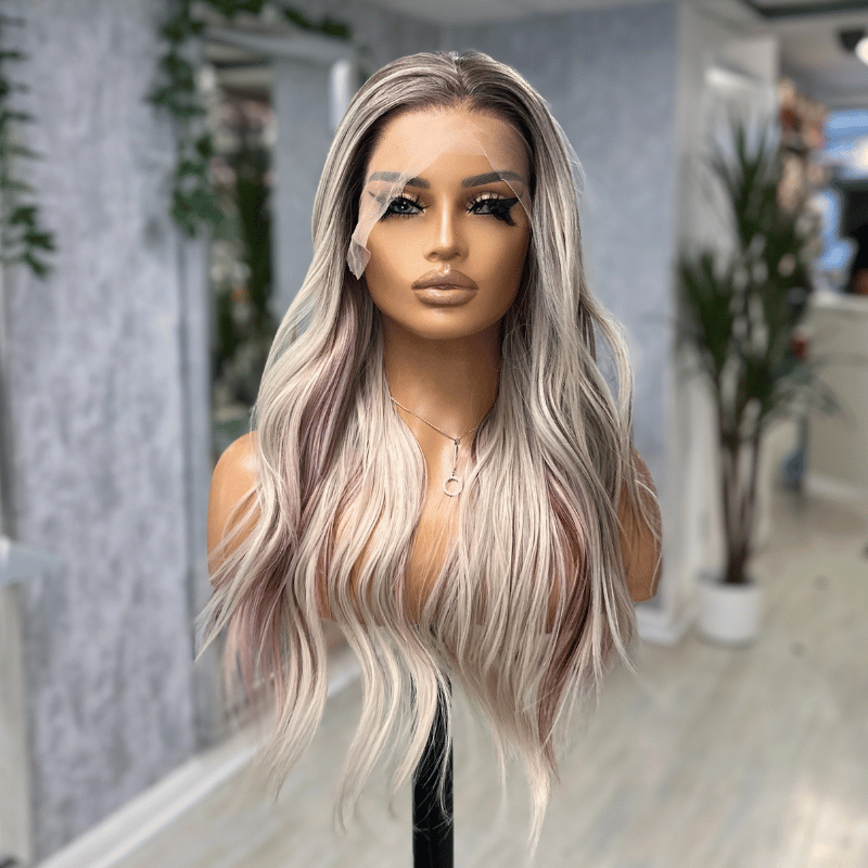 Aurelie Blush -Ash Blonde Wig with Pink Highlights  Synthetic Lace Front Wig - estellewigsandmore.co.uk