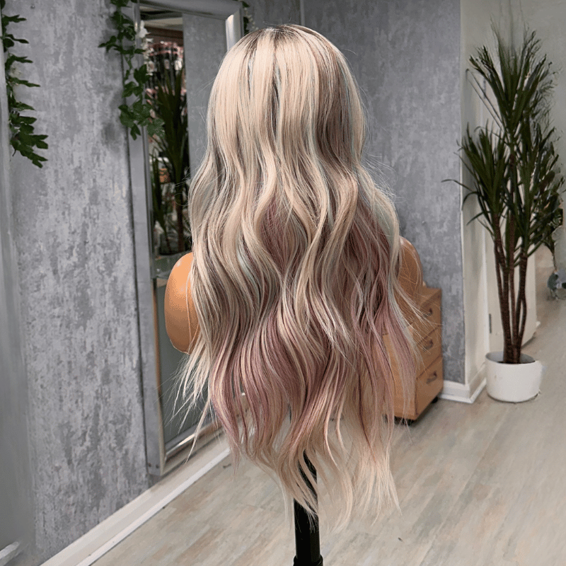Aurelie Blush -Ash Blonde Wig with Pink Highlights  Synthetic Lace Front Wig - estellewigsandmore.co.uk