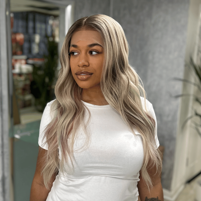 Aurelie Blush -Ash Blonde Wig with Pink Highlights  Synthetic Lace Front Wig - estellewigsandmore.co.uk