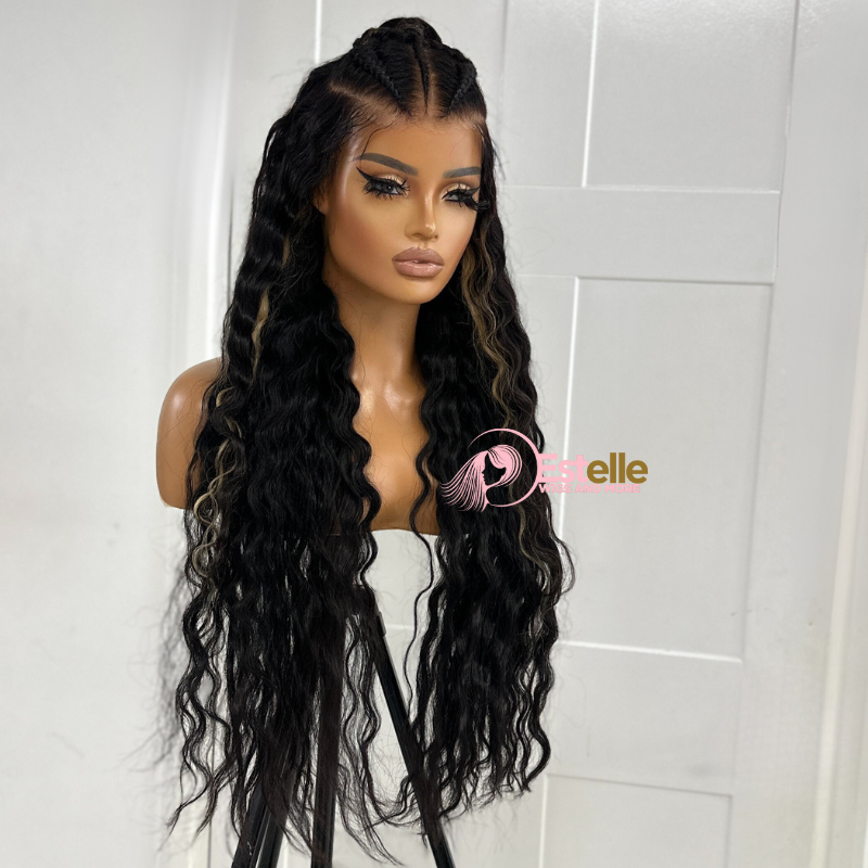 28 inches Natural Black Wavy Pre-Braided  Human Hair Wig -JASMINE/02