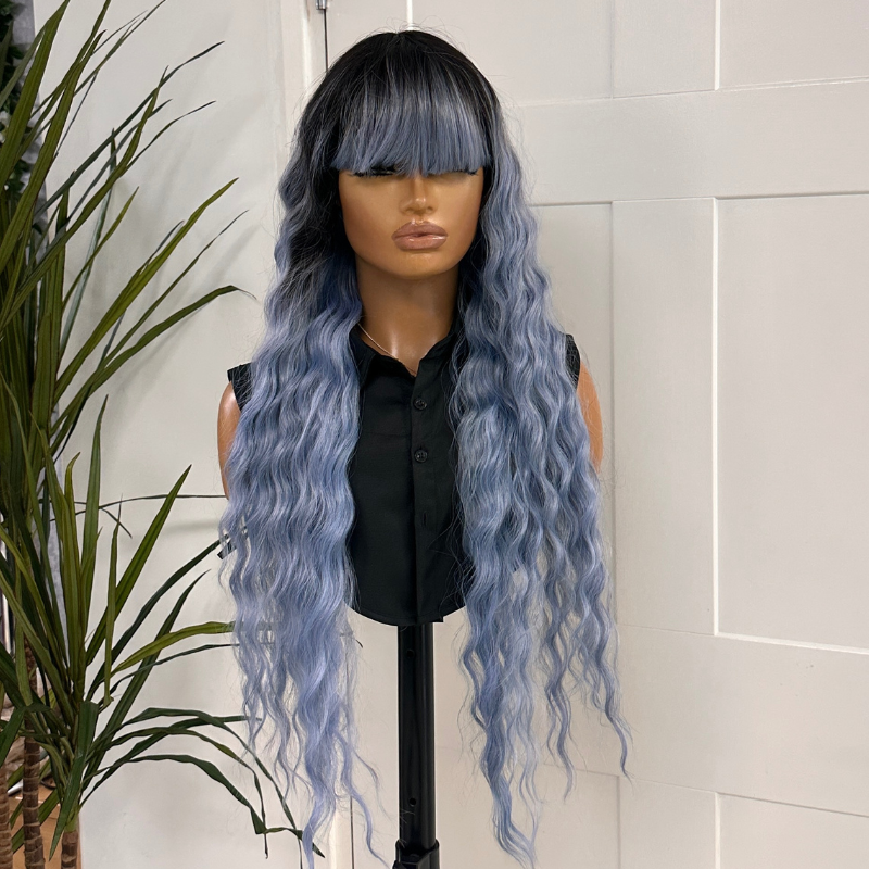 Extra Long Wavy Wig with Full Fringe Pale Blue Ombre Synthetic Wig- EWD 29 - estellewigsandmore.co.uk