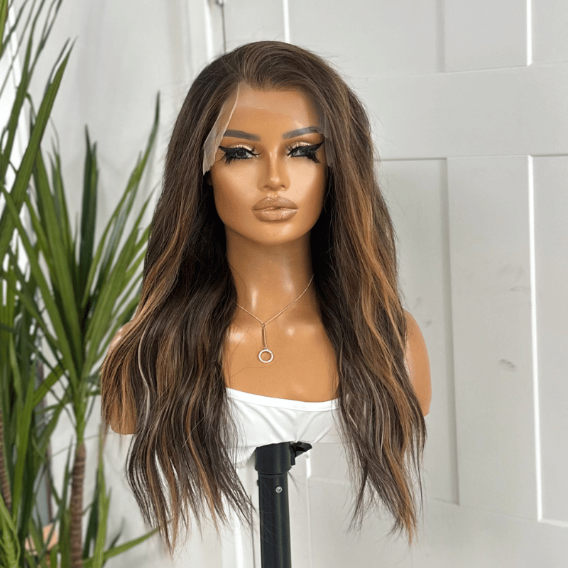 Colette - Rich Mocha Brunette with Caramel Highlight-Human Hair Blend Lace Front Wig