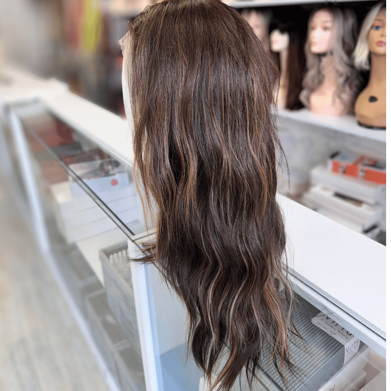 Colette - Rich Mocha Brunette with Caramel Highlight-Human Hair Blend Lace Front Wig
