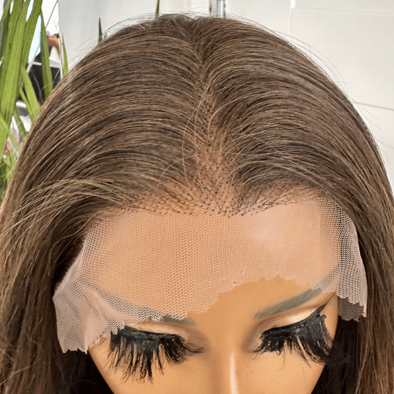 Colette - Rich Mocha Brunette with Caramel Highlight-Human Hair Blend Lace Front Wig