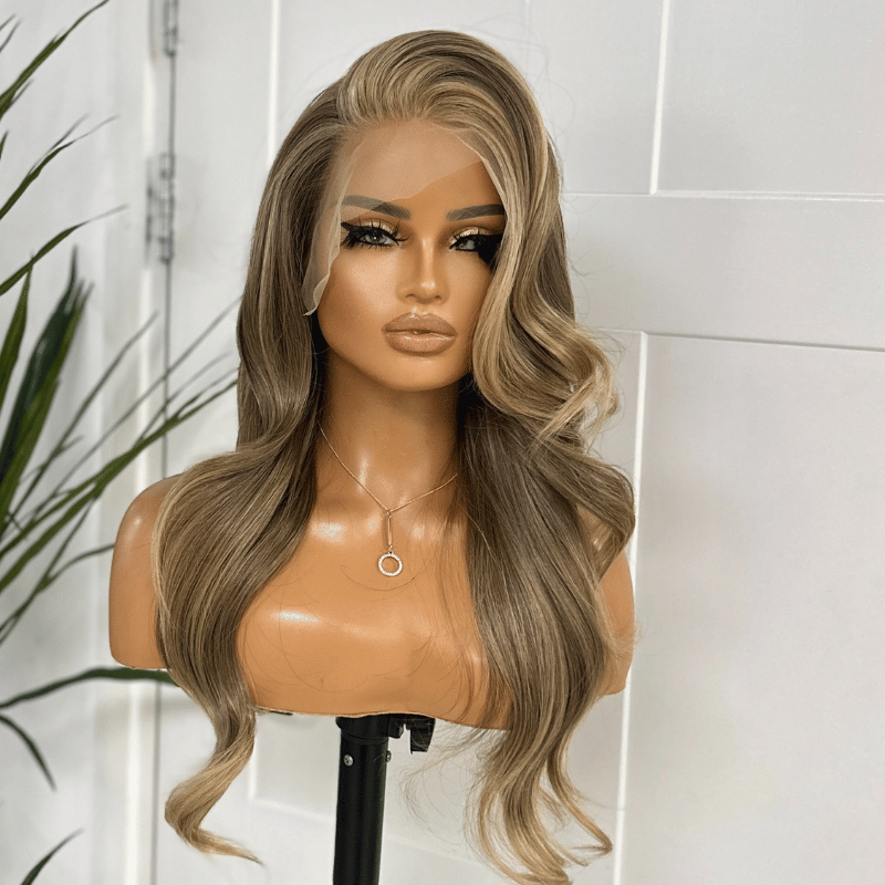 Dark Caramel Brown Lace Front Wig with Caramel Blonde Face-Framing Highlights-Kerry/25
