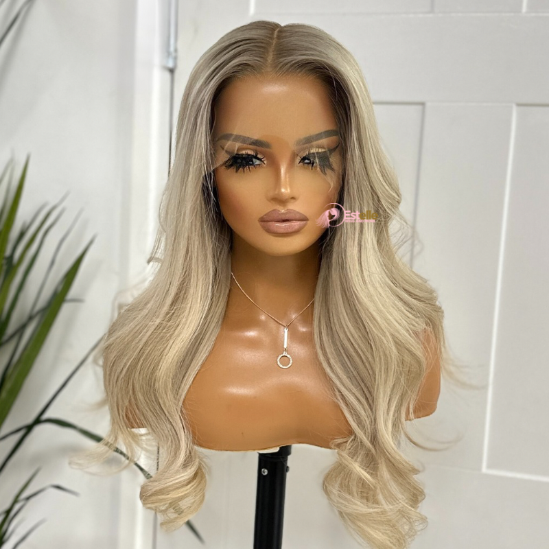 18 inches Rooted Ash  Blonde  Human Hair Lace Frontal Wig-KAYLA