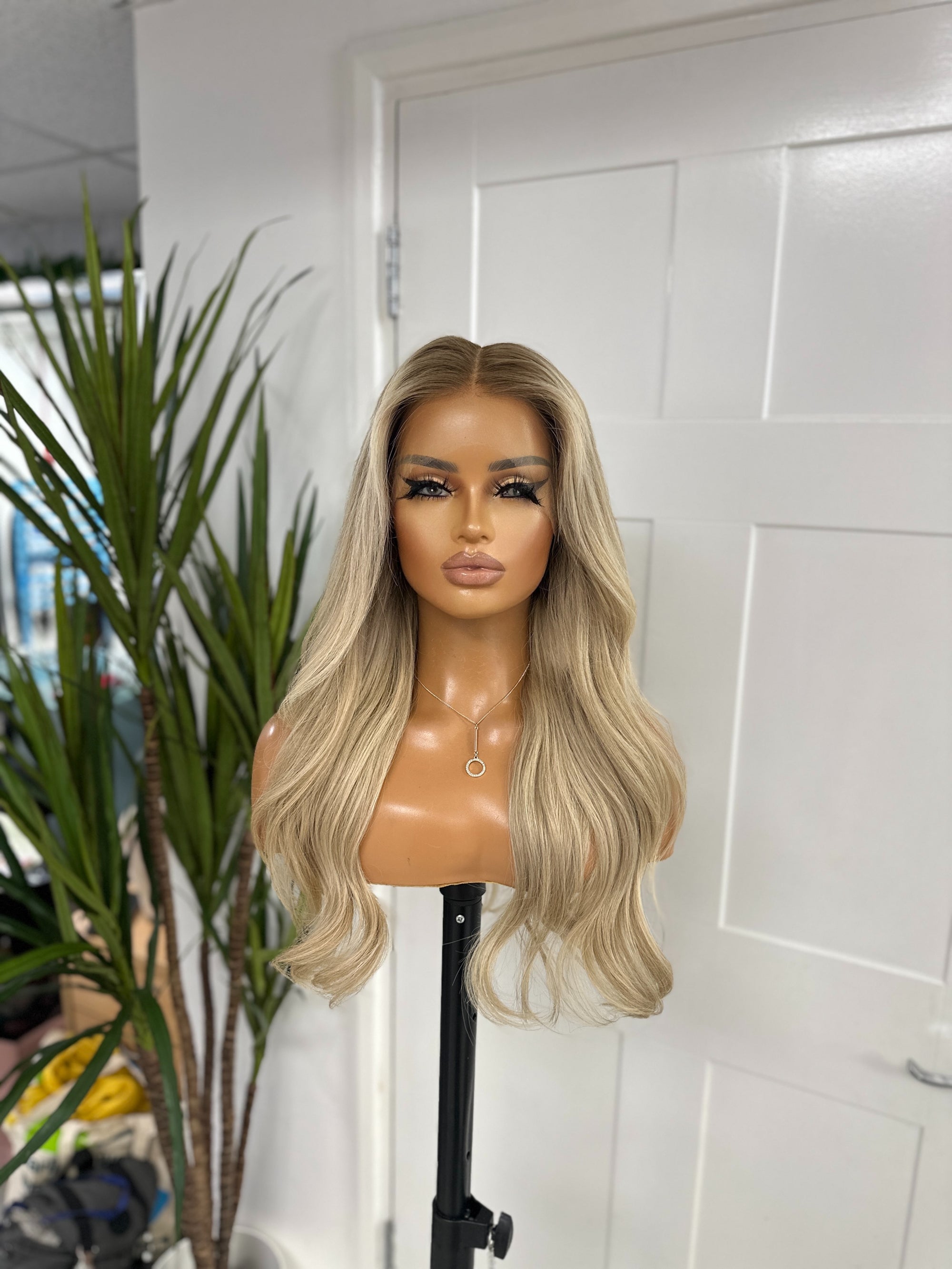 18  Inches Rooted Light Blonde Human Hair Lace Front Wig -LORI