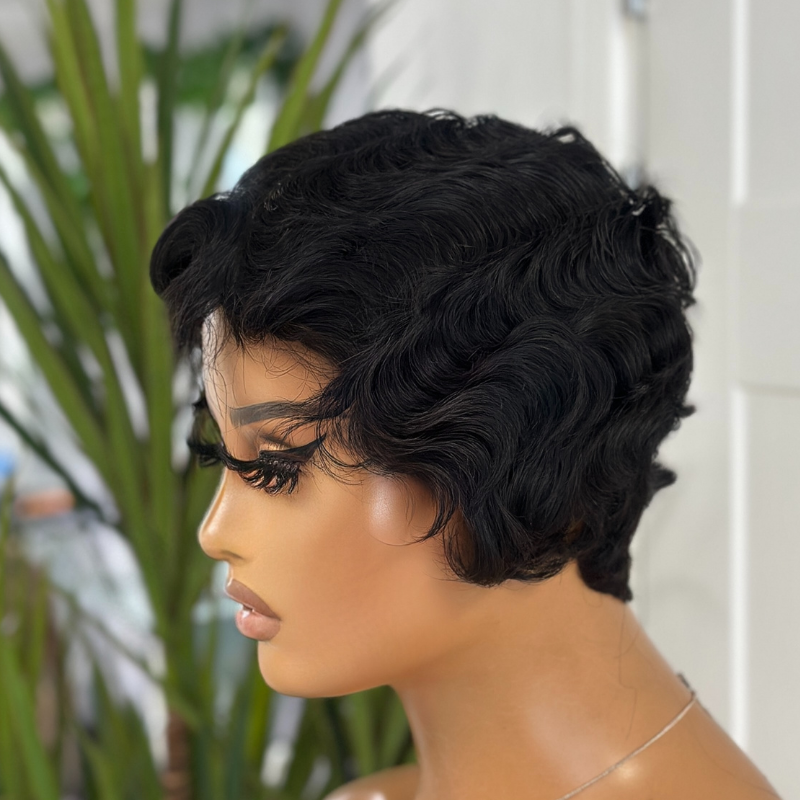 Finger Wave Pixie Wig | Premium Human Hair Mix | 4” Lace Part -Milan