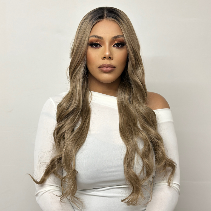 MISHA-Long Rooted Light Ash Brown   Mix Lace Frontal Synthetic Wig