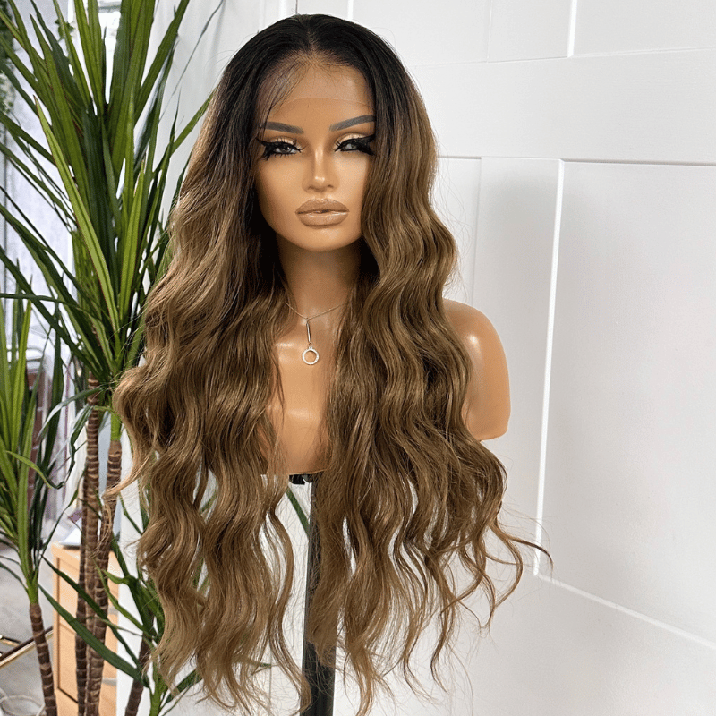 Rooted Dark Brown to Rich Caramel Ombre Lace Front Wig-Alicia