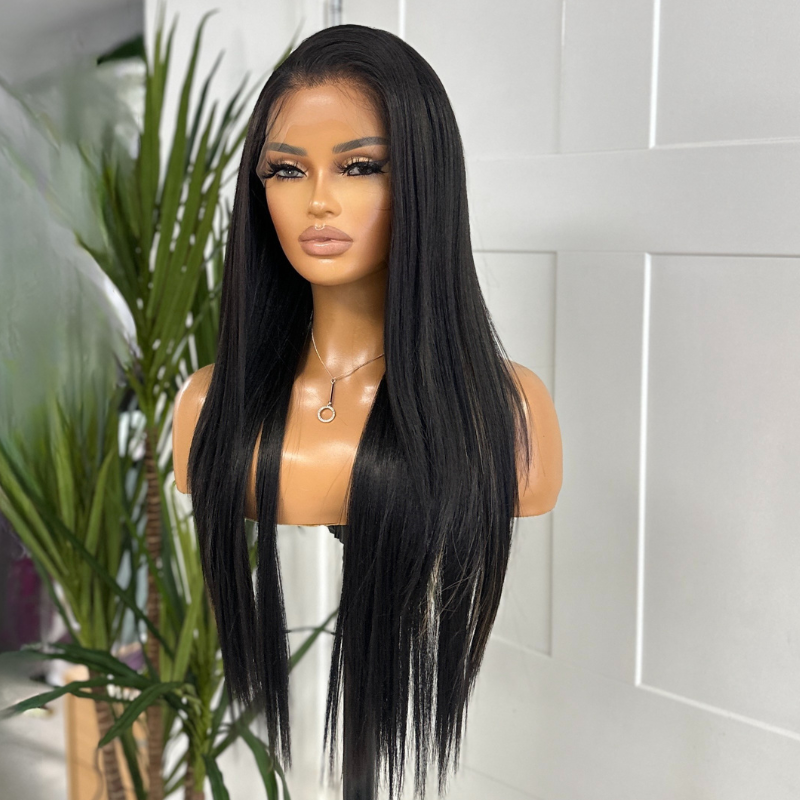 Black Straight Wig with Peekaboo Copper Highlight | 28 Inch Premium Swiss Lace Front-Iris - estellewigsandmore.co.uk
