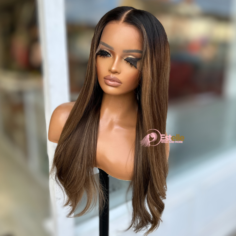 22 inches Black/Brunette Lace Front Human Hair Wig-SHARON