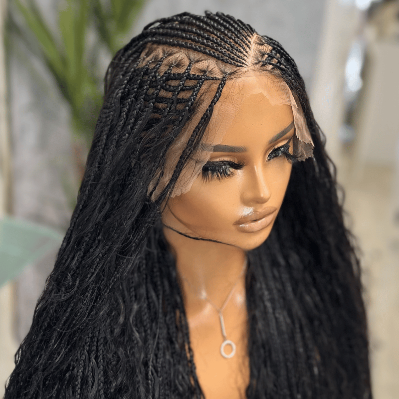 TIWA- 30" Boho Braided Full Lace Wig | Natural Black Cornrow Braided Wig with Human Hair Curls