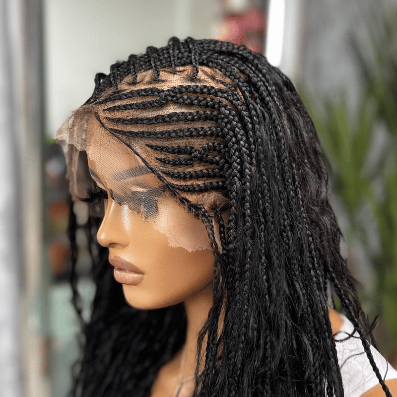 TIWA- 30" Boho Braided Full Lace Wig | Natural Black Cornrow Braided Wig with Human Hair Curls