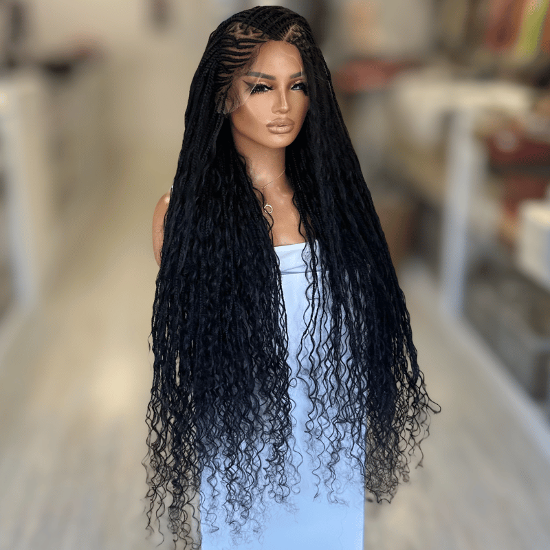 TIWA- 30" Boho Braided Full Lace Wig | Natural Black Cornrow Braided Wig with Human Hair Curls