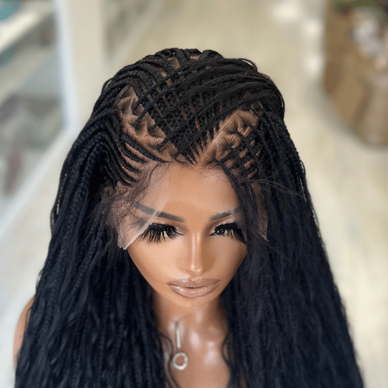 TIWA- 30" Boho Braided Full Lace Wig | Natural Black Cornrow Braided Wig with Human Hair Curls