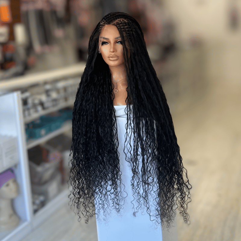 TIWA- 30" Boho Braided Full Lace Wig | Natural Black Cornrow Braided Wig with Human Hair Curls