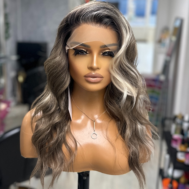 Ash Brown Wavy Lace Front Wig with Icy Blonde Money Piece-Arden