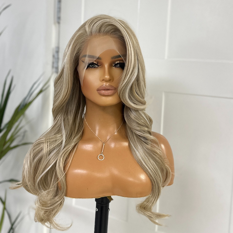 Champagne & Ash Blonde Lace Front Wig | Long Layered Synthetic, Heat Safe-Kerry/09