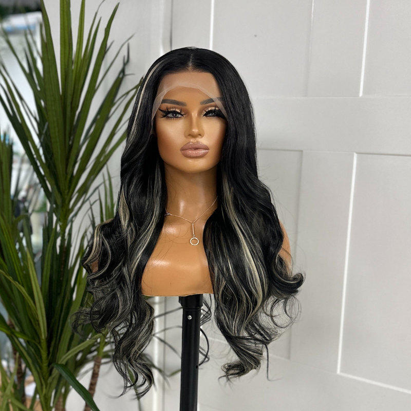 Long Wavy Black with Blonde Highlights Lace Front Wig-Raven - estellewigsandmore.co.uk lace wigs